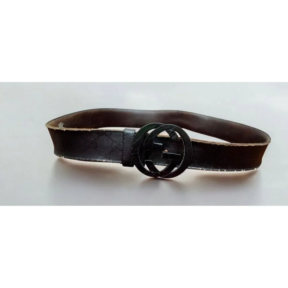 Gucci Black Shiny Imprime Belt With Black Interlinking GG Buckle